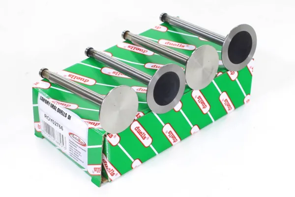 ZAWORY URAL DUELLS DI
2x zawór ssący i 2x zawór wydechowy do Urala.  Wymiary zaworu wydechowego: długość 92 mm,  średnica 40 mm, średnica trzonka 8 mm. Wymiary zaworu ssącego: długość 91 mm, średnica 35 mm, średnica trzonka 8 mm.